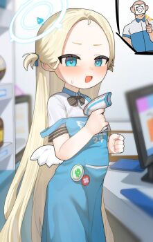 Rule 34 | 1boy, 1girl, absurdres, apron, blonde hair, blue apron, blue archive, blue eyes, blush, commentary request, doodle sensei (blue archive), forehead, freehoney, halo, highres, long hair, paid reward available, sensei (blue archive), shirt, sora (blue archive), thumbs up, white wings, wings