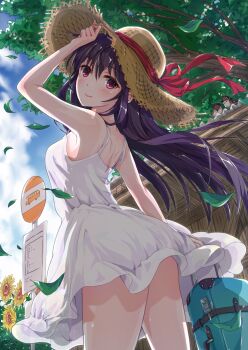 1girl bad_id bad_pixiv_id bare_arms bird black_hair bus_stop dress female_focus flower hand_on_headwear hat highres hoshimaemi long_hair moe2018 original red_eyes rolling_suitcase see-through_clothes sleeveless sleeveless_dress smile solo straw_hat suitcase sundress sunflower white_dress