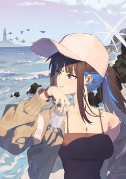 1girl absurdres baseball_cap beach bird black_camisole blue_archive blue_halo camisole colored_inner_hair cross_halo halo hat highres lighthouse multicolored_hair official_alternate_costume saori_(blue_archive) saori_(swimsuit)_(blue_archive) solo upper_body white_hat ziid_(ziid69)