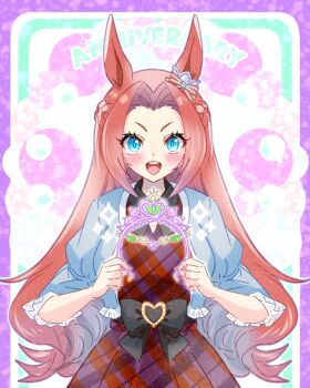 Rule 34 | 1girl, animal ears, blue eyes, blush, bow, braid, breasts, brown hair, casual, chiffon, commentary request, curtained hair, dress, half up half down braid, holding tiara, horse ears, horse girl, jacket, kawakami princess (casual) (umamusume), kawakami princess (umamusume), long hair, looking at viewer, open mouth, plaid clothes, plaid dress, red dress, smile, solo, teeth, tiara, umamusume, upper teeth only