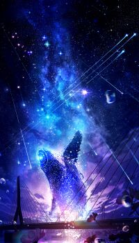 absurdres bridge cloud commentary constellation english_commentary flower highres makoron117117 night original river shooting_star sky star_(sky) starry_sky water_drop whale