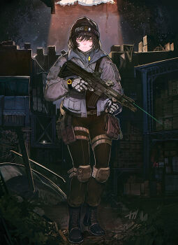 1girl assault_rifle black_boots black_hair black_hat boots brown_pants commentary_request english_text facing_viewer female_focus full_body gloves green_eyes grey_gloves grey_jacket gun hair_between_eyes hat highres holding holding_gun holding_weapon jacket knee_pads laser laser_pointer long_sleeves looking_at_viewer military original panda8581 pants parted_lips partial_commentary pocket police police_uniform policewoman pouch rifle scope short_hair solo standing thigh_strap trigger_discipline two-tone_gloves watch weapon wristwatch