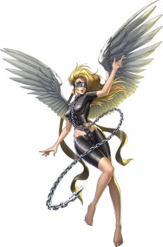 Rule 34 | 1girl, angel, angel (megami tensei), angel wings, artist request, barefoot, blindfold, blonde hair, breasts, chain, collar, curvy, demon (megami tensei), feathered wings, highres, official art, open mouth, persona, persona 5, persona 5: the phantom x, shin megami tensei, solo, third-party source, transparent background, white wings, wide hips, wings