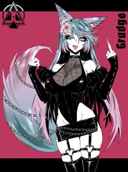 1girl absurdres animal_ear_fluff animal_ears black_leotard black_skirt black_sleeves black_thighhighs blue_eyes blue_hair blue_tail breasts cross dizzle fishnet_top fishnets flower gradient_hair gradient_tail hair_flower hair_ornament highres indie_virtual_youtuber large_breasts leotard long_hair looking_at_viewer middle_finger miniskirt multicolored_hair multicolored_tail pink_background pink_hair pink_tail see-through_cleavage see-through_clothes silvervale skirt solo standing tail thighhighs thighs tongue tongue_out virtual_youtuber wolf_ears wolf_girl wolf_tail