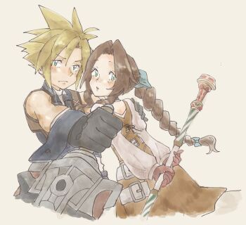 1boy 1girl aerith_gainsborough aerith_gainsborough_(garnet's_gown) arms_behind_back bare_shoulders black_choker black_gloves black_vest black_wrist_cuffs blonde_hair blue_eyes braid braided_ponytail brown_hair choker closed_mouth cloud_strife cloud_strife_(zidane's_outfit) commentary_request cosplay cropped_vest dress final_fantasy final_fantasy_vii final_fantasy_vii:_ever_crisis fuwari_pic garnet_til_alexandros_xvii garnet_til_alexandros_xvii_(cosplay) gloves green_eyes hair_between_eyes hair_ornament hairclip hand_on_another's_shoulder highres holding holding_staff holding_sword holding_weapon juliet_sleeves light_blush long_hair long_sleeves official_alternate_costume official_alternate_hairstyle orange_dress parted_bangs parted_lips petticoat puffy_sleeves red_gloves sharp_teeth shirt short_hair sidelocks simple_background single_braid sleeveless sleeveless_shirt staff suspenders sword teeth upper_body vest weapon white_shirt wrist_cuffs zidane_tribal zidane_tribal_(cosplay)