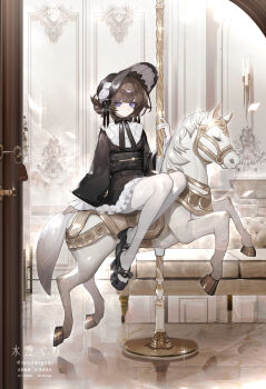 1girl absurdres black_bonnet black_dress black_ribbon black_sandals bonnet brown_hair carousel commentary couch dress flower frilled_dress frills gothic_lolita hat hat_flower highres indoors lolita_fashion long_sleeves looking_at_viewer misumigumi neck_ribbon obi original pantyhose platform_sandals purple_eyes ribbon sandals sash short_dress sitting white_flower white_pantyhose