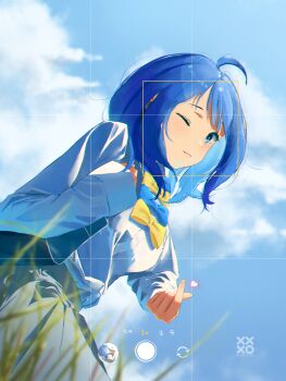 1girl absurdres ahoge blue_bow blue_bowtie blue_eyes blue_hair bow bowtie closed_mouth cloud commentary_request day from_below grass grey_skirt heart heart_hands highres kumorine_leo long_sleeves looking_at_viewer make_heroine_ga_oo_sugiru! medium_hair one_eye_closed outdoors pleated_skirt school_uniform signature skirt sky solo summer_uniform tsuwabuki_high_school_uniform viewfinder yanami_anna yellow_bow yellow_bowtie