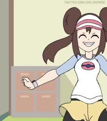 1girl animated audible_music blue_eyes brown_hair double_bun hair_bun hand_on_own_chin indoors joel_g looking_at_viewer nintendo nyannyancosplay pokemon pokemon_bw2 pokemon_masters_ex raglan_sleeves rosa_(pokemon) smile solo sound tagme video visor_cap watermark xtransceiver