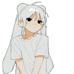 Rule 34 | 1other, ahoge, black eyes, closed mouth, commentary request, crop top, expressionless, original, shirt, short hair, simple background, solo, t-shirt, translation request, upper body, uzuki uzu, v arms, white background, white hair, white shirt