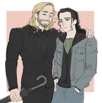 2boys animification beard black_hair black_hoodie black_jacket black_necktie black_pants black_shirt black_suit blonde_hair blue_jacket blue_pants blush border breast_pocket brothers closed_eyes closed_mouth collared_shirt cowboy_shot denim facial_hair fingernails formal_clothes green_eyes green_shirt hand_in_pocket hand_on_another&#039;s_shoulder hand_up highres holding holding_umbrella hood hoodie jacket lapels loki_(marvel) long_hair long_sleeves looking_at_another male_focus marvel multiple_boys necktie open_clothes open_jacket outside_border pants pink_background pocket shirt siblings simple_background smile standing suit suit_jacket sunwillshineon t-shirt teeth thor_(marvel) thor_(marvel)_(series) umbrella white_border zipper