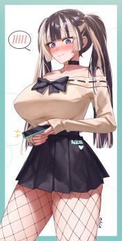 1girl bare_shoulders black_bow black_choker black_hair black_skirt blonde_hair blue_eyes blush bow breasts cellphone choker fishnet_pantyhose fishnets highres holding holding_phone hololive hololive_dev_is juufuutei_raden large_breasts looking_at_viewer miniskirt multicolored_hair off-shoulder_shirt off_shoulder pantyhose phone school_uniform shirt skirt smartphone solo spoken_blush thighs two-tone_hair virtual_youtuber zetacat