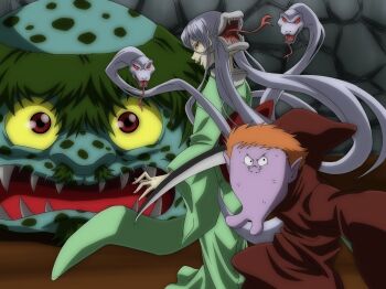 1girl 2boys colored_sclera colored_skin extra_mouth facial_hair forked_tongue futakuchi-onna futakuchi-onna_(gegege_no_kitarou_6) gegege_no_kitarou goatee green_hair green_skin highres japanese_clothes kamaitachi_(gegege_no_kitarou_6) kimono long_hair looking_at_viewer medibang_paint_(medium) multiple_boys nori_gutchin nose_hair obi orange_hair pointy_ears purple_skin red_eyes sash sharp_teeth short_hair sickle snake_hair spotted_skin stone_wall tantanbo_(gegege_no_kitarou_6) teeth tongue very_long_hair white_hair yellow_sclera