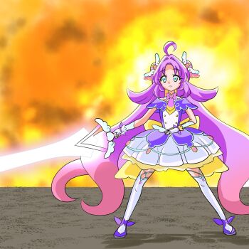 Rule 34 | 1girl, ahoge, akechi anna, answer hanamaru sword, blue eyes, bow, brooch, capelet, closed mouth, commentary request, company connection, cure answer, double bun, dress, energy sword, explosion, fingerless gloves, gloves, hair bun, hair intakes, hair ornament, heart, heart brooch, highres, holding, holding sword, holding weapon, jewelry, kamen rider, kamen rider black rx (series), long hair, looking at viewer, magical girl, meitantei precure!, parody, precure, purple bow, purple capelet, purple dress, purple hair, scene reference, solo, standing, sword, t neko, toei company, weapon, white gloves