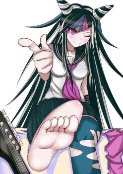 1girl ;) asymmetrical_legwear barefoot black_hair blue_hair breasts closed_mouth commentary_request convenient_leg danganronpa_(series) danganronpa_2:_goodbye_despair ear_piercing face_piercing feet foot_focus gloves hair_horns highres jewelry legs long_hair looking_at_viewer medium_breasts mioda_ibuki mismatched_legwear mouth_piercing multicolored_hair neckerchief necklace on_bed one_eye_closed otono_fei piercing pink_eyes pink_hair pink_neckerchief pleated_skirt pointing pointing_at_viewer ringed_eyes sailor_collar school_uniform serafuku shirt short_sleeves simple_background single_thighhigh sitting skirt smile soles solo streaked_hair striped_clothes striped_gloves thighhighs toes torn_clothes torn_thighhighs triple_side_labret_piercing unworn_thighhighs variant_set very_long_hair white_background white_hair white_shirt