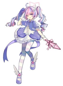 Rule 34 | 1girl, :d, ahoge, aliasing, artist collaboration, bainiaohuan, blue archive, blush, bow, bowtie, chinese commentary, commentary request, cropped jacket, drill hair, frilled skirt, frills, full body, gloves, hair between eyes, hair ornament, halo, highres, holding, holding wand, jacket, long hair, looking at viewer, magical girl, multi-source commentary, multicolored hair, official alternate costume, official alternate hairstyle, open mouth, overskirt, pantyhose, pink bow, pink hair, pink halo, pink pantyhose, puffy short sleeves, puffy sleeves, purple bow, purple bowtie, purple eyes, purple hair, purple jacket, purple overskirt, purple shoes, reisa (blue archive), reisa (magical) (blue archive), salute, shirt, shoes, short sleeves, simple background, skirt, smile, solo, star (symbol), star hair ornament, star halo, striped clothes, striped pantyhose, twin drills, twintails, two-tone hair, v-shaped eyebrows, wand, white background, white gloves, white shirt, white skirt, white wrist cuffs, wing hair ornament, winged shoes, wings, wrist cuffs, xiao bailong