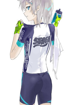 1girl absurdres ass blue_archive blue_eyes blue_shorts blue_sleeves bottle commentary_request cross_hair_ornament fingerless_gloves from_behind gloves gohanduck green_gloves grey_hair hair_ornament highres holding holding_bottle holding_towel medium_hair official_alternate_costume parted_lips shiroko_(blue_archive) shiroko_(cycling)_(blue_archive) shirt short_sleeves shorts solo sweatdrop towel water_bottle white_shirt