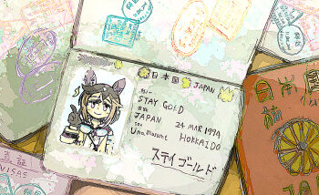 animal_ears black_gloves black_hair blonde_hair brown_hair coat commentary_request ear_covers english_text gloves goggles goggles_around_neck horse_ears horse_girl looking_at_viewer medium_request morisshii_(morishiey) multicolored_hair no_humans open_clothes open_coat passport photo_(object) purple_eyes stay_gold_(umamusume) traditional_media translation_request umamusume v white_hair wrist_belt yellow_coat