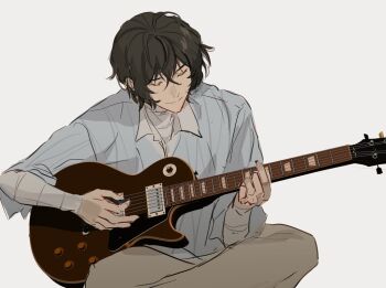 Rule 34 | 1boy, bandaged arm, bandaged neck, bandages, black hair, blue shirt, bungou stray dogs, closed eyes, closed mouth, collared shirt, crossed legs, dazai osamu (bungou stray dogs), electric guitar, gibson les paul, guitar, holding, holding plectrum, indian style, instrument, male focus, music, pigon, playing guitar, playing instrument, plectrum, shirt, short hair, simple background, sitting, solo, white background