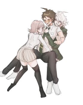 Rule 34 | 1girl, 2boys, :d, ahoge, black thighhighs, blush, breasts, brown hair, collared shirt, danganronpa (series), danganronpa 2: goodbye despair, flipped hair, green jacket, green necktie, hair ornament, highres, hinata hajime, jacket, komaeda nagito, long sleeves, medium hair, multiple boys, nanami chiaki, necktie, no jacket, no shoes, open mouth, pants, pink eyes, pleated skirt, shirt, short hair, short sleeves, simple background, skirt, smile, socks, thighhighs, white background, white shirt, yu ri wa