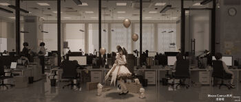 2boys 3d 5girls absurdres ahoge analog_clock balloon bar_censor black_hair black_shoes bonnet box cardboard_box ceiling ceiling_light censored censored_identity chair clock closed_mouth commentary desk dress expressionless formal_clothes from_side full_body grey_hair grey_theme hat highres holding holding_stuffed_toy indoors kneehighs layered_dress lolita_fashion long_hair long_sleeves monitor multiple_boys multiple_girls office office_chair original people reflection shoes socks solo_focus standing stuffed_animal stuffed_rabbit stuffed_toy suit swivel_chair teddy_bear tile_ceiling tiles twintails untranslatable_commentary vanish_(pixiv_111424881) white_dress white_hat white_socks wide_sleeves window