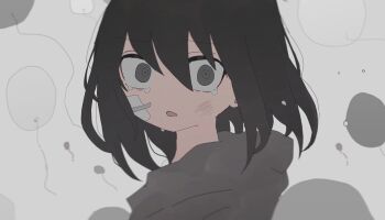 1girl :o animal_ears bandage_on_face bandaged_head bandaged_neck bandages bandaid bandaid_on_cheek bandaid_on_face black_eyes black_hair black_hoodie blood brown_eyes bruise bruise_on_face commentary_request crying crying_with_eyes_open from_side gauze gauze_on_cheek grey_background grey_eyes grey_hoodie hair_between_eyes highres hood hood_down hoodie injury looking_at_viewer medium_hair nukunuku_nigirimeshi open_mouth original scratches solo teardrop tearing_up tears upper_body wide-eyed