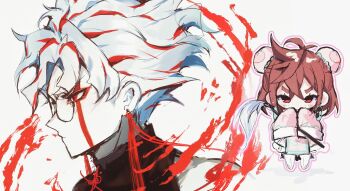 1boy 1girl ayase_momo black_jacket brown_hair bun_cover chibi crossed_bangs dandadan de557777 double_bun earrings facial_mark furrowed_brow glasses hair_between_eyes hair_bun highres jacket jewelry medium_hair multicolored_hair parted_bangs red_eyes red_hair round_eyewear short_hair sleeves_past_fingers sleeves_past_wrists streaked_hair takakura_ken_(dandadan) upper_body white_hair