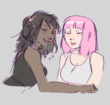 2girls adventure_time black_hair black_top blush chemise crop_top face_piercing grey_top highres humanization marceline_abadeer multiple_girls nose_piercing nose_ring parted_lips piercing pink_hair pointy_ears princess_bonnibel_bubblegum spaghetti_strap steemyart trembling_legs yuri