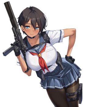 1girl black_choker black_gloves black_hair black_pantyhose blue_eyes blue_sailor_collar blue_skirt breasts choker commentary_request dark-skinned_female dark_skin gloves gun hand_on_own_hip highres holding holding_gun holding_weapon holster neckerchief original pantyhose red_neckerchief sailor_collar school_uniform serafuku shirokuma_a short_hair short_sleeves skirt solo tactical_school_uniform thigh_strap tomboy variant_set weapon