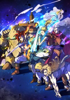 absurdres ayla_(chrono_trigger) bag belt bike_shorts blonde_hair blue_tunic chrono_trigger closed_mouth crono_(chrono_trigger) frog_(chrono_trigger) fuji_taku glasses gun helmet highres holding holding_gun holding_weapon long_hair lucca_ashtear magic magus_(chrono_trigger) marle_(chrono_trigger) multiple_boys multiple_girls open_mouth ponytail purple_hair red_hair robo_(chrono_trigger) robot satchel scarf short_hair smile sword tunic weapon