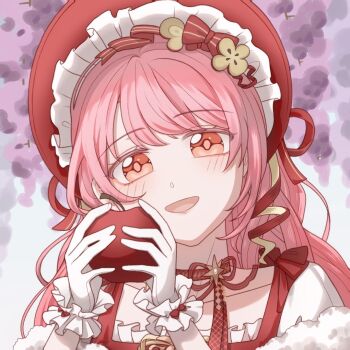 1girl apple apple_slice argyle_choker blue_sky bonnet bow brown_eyes choker collarbone colored_eyelashes day dress flower food food-themed_clothes food-themed_hair_ornament frilled_headwear frilled_wrist_cuffs frills fruit fur-trimmed_sleeves fur_trim gloves hair_bow hair_ornament happy hat hat_ribbon holding holding_food holding_fruit infinity_nikki light_blush lipstick lofter_30955337 long_hair looking_at_viewer makeup neck_ribbon nikki_(nikki) nikki_(series) open_mouth outdoors pinafore_dress pink_hair pink_lips purple_flower red_bonnet red_bow red_choker red_dress red_ribbon ribbon ribbon_choker shirt short_sleeves sidelocks sky sleeveless sleeveless_dress smile solo spring_(season) square_neckline striped_bow sweet_memories_(infinity_nikki) swept_bangs two-sided_ribbon upper_body wavy_hair white_gloves white_shirt white_wrist_cuffs wisteria wrist_bow wrist_cuffs yellow_ribbon