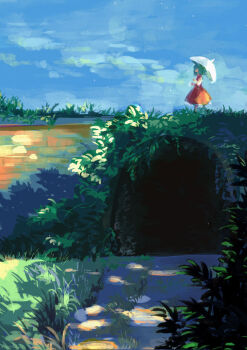1girl arch blue_sky brick brick_wall commentary_request grass green_hair highres holding holding_umbrella kazami_yuuka kinosaki nature outdoors overgrown path plant red_skirt red_vest road scenery shirt skirt sky solo touhou tunnel umbrella vest vines white_shirt