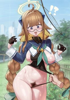 !? 1girl absurdres ahoge areola_slip black_gloves black_leotard blue_archive blue_eyes blue_shrug blush braid breasts cameltoe clothes_pull commentary_request disembodied_hand feather_hair female_pubic_hair glasses gloves half_gloves halo highleg highleg_leotard highres large_breasts leotard long_hair long_sleeves looking_down low_twin_braids maruko_tooto navel nipples one_breast_out open_mouth orange_hair pubic_hair riding_crop shimiko_(blue_archive) shimiko_(magical)_(blue_archive) shrug_(clothing) smile solo_focus twin_braids very_long_hair