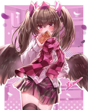 Rule 34 | 1girl, absurdres, artist name, blush, bow, brown skirt, brown thighhighs, cellphone, checkered clothes, checkered scarf, checkered skirt, chinese commentary, commentary request, cowboy shot, flip phone, hat, highres, himekaidou hatate, holding, holding phone, long hair, long sleeves, looking at viewer, miniskirt, phone, pink bow, pink hat, pink scarf, pink skirt, pointy ears, scarf, shirt, skirt, solo, thighhighs, tokin hat, top-exerou, touhou, twintails, two-tone skirt, white shirt