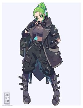 1girl belt belt_boots black_boots black_coat black_gloves black_jacket black_pants black_sclera boots breasts coat colored_sclera earrings fingerless_gloves full_body gloves green_eyes green_hair hair_ornament hand_in_pocket high_ponytail highres jacket jesternalagon jewelry knee_boots large_breasts long_hair looking_at_viewer navel original pants ponytail solo standing tank_top