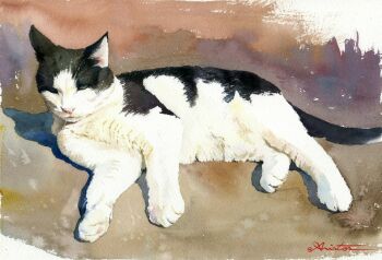 animal animal_focus aris_0827 cat commentary_request highres looking_at_viewer no_humans original painting_(medium) photorealistic realistic signature traditional_media watercolor_(medium)