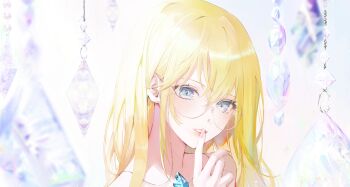 Rule 34 | 1girl, absurdres, bare shoulders, blonde hair, blue eyes, blue gemstone, blush, crystal, eyelashes, finger to mouth, fingernails, gem, glasses, hanging, highres, light, lips, long hair, looking at viewer, nail polish, o-ring, original, parted lips, pink nails, portrait, round eyewear, single sidelock, solo, totomong