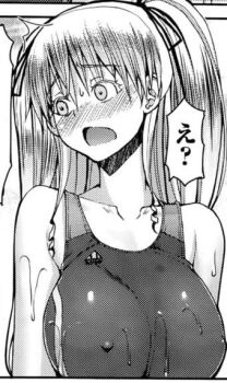 1girl ayano_mariangela blush breasts covered_erect_nipples cropped greyscale kagome_no_inyoku large_breasts long_hair monochrome non-web_source open_mouth red-rum ringlets school_swimsuit solo swimsuit translation_request two_side_up very_long_hair