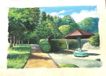 atsumori177 blue_sky bush cloud day hedge highres no_humans original outdoors park path road scenery shelter sky sunlight tree tree_shade