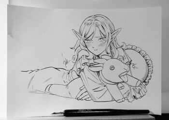 1boy art_tools_in_frame blush dungeon_meshi elf goat_(dungeon_meshi) highres kabe_piko long_sleeves looking_at_viewer lying male_focus medium_hair mithrun mithrun_(young) monochrome nib_pen_(medium) on_stomach pen_(medium) photo_(medium) pillow pointy_ears pout sketch solo stuffed_animal stuffed_goat stuffed_toy traditional_media tunic wavy_hair