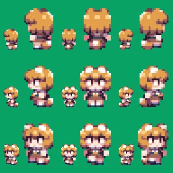 1girl animal_ear_fluff animal_ears animated animated_gif belt black_belt blonde_hair blush brown_skirt brown_vest chibi commentary_request cookie_(touhou) fox_ears fox_girl fox_tail full_body green_background highres looping_animation miramikaru_riran multiple_views open_mouth pixel_art red_eyes shirt short_hair short_sleeves simple_background skirt spinning sprite_sheet tail tonchamon_san vest walking white_shirt