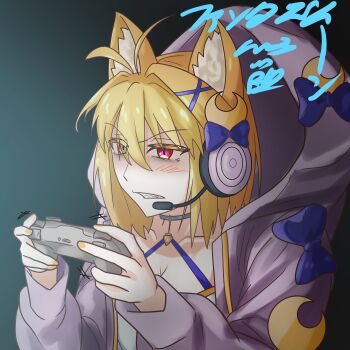 1girl absurdres ahoge angry animal_ear_fluff animal_ears arcueid_brunestud blonde_hair blue_ribbon breasts cat_ears cat_girl cleavage controller crescent crescent_hair_ornament fate/grand_order fate_(series) game_controller ggifz6618 hair_between_eyes hair_ornament headphones highres holding holding_controller holding_game_controller hood hoodie open_clothes open_hoodie partially_shaded_face phantas-moon phantas-moon_(second_ascension) pink_hoodie playing_games red_eyes ribbon short_hair tsukihime tsukihime_(remake)