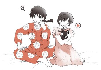 Rule 34 | 1boy, 1girl, ^ ^, animal, bandana, bandana around neck, barefoot, black hair, braid, chinese clothes, closed eyes, commentary request, dress, heart, holding, holding animal, open mouth, p-chan (ranma 1/2), pajamas, pig, pink dress, ranma 1/2, red pajamas, saotome ranma, saotome ranma (male), short hair, single braid, sitting, smile, spoken heart, tendou akane, zunko