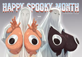 Rule 34 | 2girls, anger vein, artist name, breast cutout, breastless ghost costume, breasts, constans (sungerart), costume, dark-skinned female, dark skin, english text, eyes visible through headwear, ghost costume, googly eye pasties, googly eyes, grey background, halloween, halloween costume, highres, huge breasts, mole, mole on breast, multiple girls, nighty (sungerart), original, pasties, sungerart, sweat, very dark skin