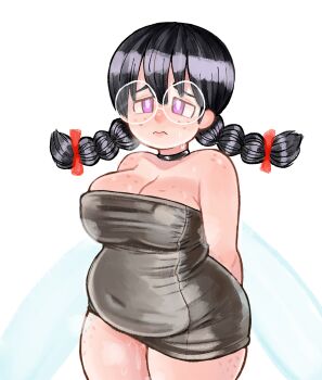 Rule 34 | 1girl, archived source, arms behind back, black dress, black hair, braid, breasts, cleavage, drawfag, dress, fairy, fairy wings, freckles, glasses, highres, kirby (series), kirby 64, large breasts, long hair, low twin braids, microdress, nintendo, plump, purple eyes, ripple star queen, solo, sweat, twin braids, wings