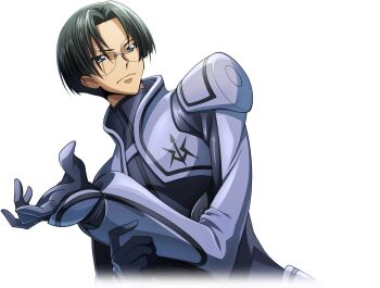 1boy armor artist_request asahina_shougo black_hair blue_eyes bodysuit closed_mouth code_geass code_geass:_lost_stories cropped_torso cropped_vest dutch_angle forehead game_cg glasses grey_bodysuit grey_vest hair_intakes hand_up looking_at_viewer male_focus non-web_source official_art rimless_eyewear round_eyewear short_hair shoulder_armor simple_background solo standing transparent_background upper_body v-shaped_eyebrows vest