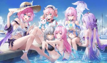 6+girls absurdres alternate_costume aqua_hair bare_shoulders bikini black_sailor_collar blue_eyes blue_sky breasts castorice_(honkai:_star_rail) chinese_commentary closed_mouth commentary_request cropped_shirt cyrene_(aedes_elysiae)_(honkai:_star_rail) cyrene_(honkai:_star_rail) cyrene_(ripples_of_past_reverie)_(honkai:_star_rail) dual_persona duplicate gradient_hair grey_hair hat highres honkai:_star_rail honkai_(series) hyacine_(honkai:_star_rail) knee_up little_ica_(honkai:_star_rail) long_hair looking_at_another looking_at_viewer march_7th_(honkai:_star_rail) multicolored_eyes multicolored_hair multiple_girls navel open_mouth outdoors pink_hair pointy_ears purple_eyes sailor_collar shirt sitting sky smile stelle_(honkai:_star_rail) stomach sun_hat swimsuit swkl:d thigh_strap trailblazer_(honkai:_star_rail) v white_shirt yellow_eyes