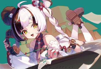 1girl absurdres bare_shoulders black_hair braid breasts commentary detached_sleeves dialyn_(zenless_zone_zero) earrings highres jewelry medium_breasts meoreng_illust multicolored_hair necktie open_mouth phone smile solo split-color_hair twin_braids two-tone_hair white_hair yellow_eyes zenless_zone_zero
