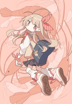 1girl absurdres aida_(aidia) antenna_hair bag black_skirt blonde_hair bow bowtie bright_pupils closed_mouth commentary full_body hair_ribbon highres long_hair long_sleeves looking_at_viewer looking_back original pink_shoes pleated_skirt red_bow red_bowtie red_eyes red_ribbon ribbon school_bag school_uniform shirt shoes shrimp skirt socks solo striped_bow striped_bowtie striped_clothes striped_ribbon sweater_vest white_pupils white_shirt white_socks yellow_sweater_vest