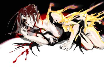 1girl absurdres baiqian319 bare_legs bare_shoulders black_dress black_hair bleeding blood blood_on_ground blood_on_hands blood_on_neck blush breasts brown_hair burning chinese_commentary cleavage collarbone creature dao_gui_yi_xian dress eyeball fire genderswap genderswap_(mtf) hair_bun highres injury li_huowang li_sui_(tentacles) living_clothes long_hair looking_at_viewer lying medium_breasts on_side parted_lips red_eyes single_hair_bun slime_(substance) smile solo tentacle_clothes tentacles torn_clothes torn_dress wet