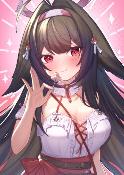 1girl ahoge blush breasts brown_hair cleavage commentary cross-laced_clothes cross-laced_top droopy_ears eating food frilled_shirt frilled_shirt_collar frills hairband hand_up highres holding holding_food large_breasts long_hair multicolored_hairband official_alternate_costume pink_background red_eyes red_hairband red_skirt shirt shirt_tucked_in skirt solo sparkle symbol-only_commentary uneg upper_body very_long_hair white_hairband white_shirt ye_shunguang zenless_zone_zero